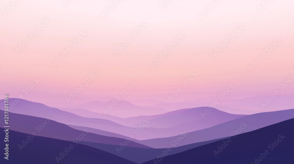 Obraz premium Purple mountain range fading into a pink and white sky in a minimalist and abstract landscape painting or digital artwork, evoking a serene and dreamy atmosphere