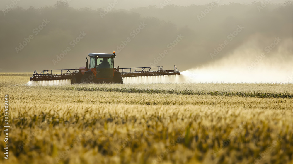 Fototapeta premium Tractor spraying pesticides, fertilizers on agricultural food plantations. Summer, springsunset farming tractor, aerial view. Tillage, farmland background. Field plowing, agricultural drone view 