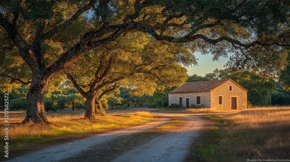 Sunset, rural stone house, oak trees, field, path Sunset, rural stone house, oak trees, field, path