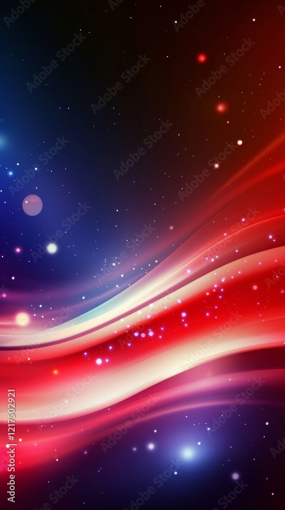 Obraz premium Flowing smoothly, colorful waves traverse space, illuminated by bright lights and dotted with small stars, creating a dynamic and vibrant abstract background