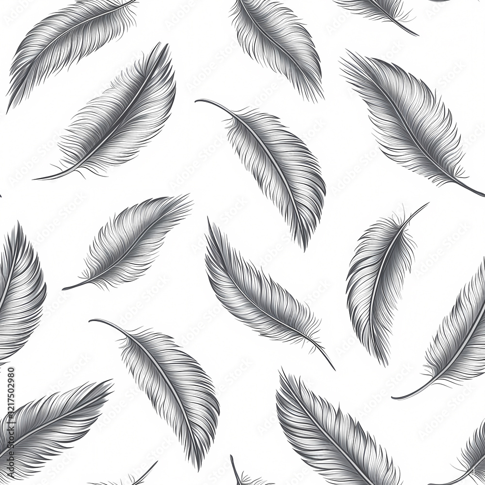 Elegant Seamless Pattern of Artistic Black Feathers on a White Background, Monochrome seamless texture of intricately detailed feathers, for backgrounds, fabric design, or decor Elegant Seamless Pattern of Artistic Black Feathers on a White Background, Monochrome seamless texture of intricately detailed feathers, for backgrounds, fabric design, or decor