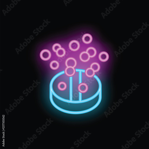 Blue neon effervescent pill dissolving with bubbles on black background