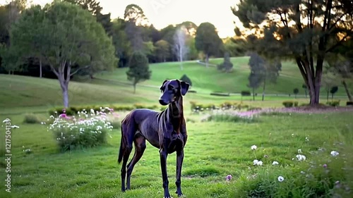 Elegant greyhound dog in alert position among wildflowers, bathed in the warm glow of the setting sun depicting peaceful elegance within the lush landscape of a park.