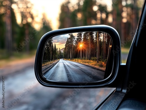 A rear view mirror of a car with the sun setting in the rear view