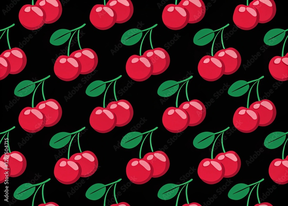 Red cherry berries seamless pattern on black background Red cherry berries seamless pattern on black background