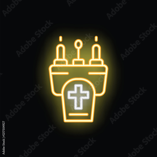 Yellow neon sign depicting a graveyard tombstone with a cross and three candles burning, symbolizing remembrance and faith