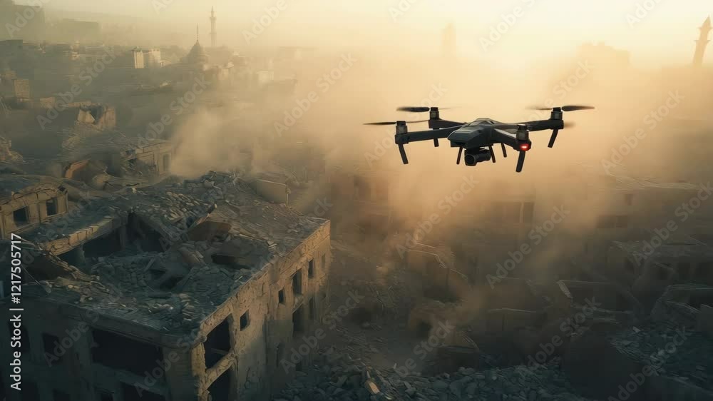 Drone Captures Aerial View of Desolate Cityscape During Dust and Rubble in Late Afternoon. Generative AI Drone Captures Aerial View of Desolate Cityscape During Dust and Rubble in Late Afternoon. Generative AI