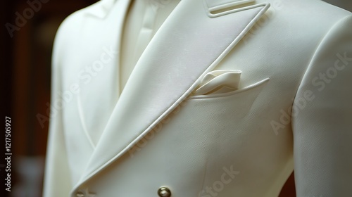 White suit jacket detail, displayed on mannequin, blurred background, for fashion or wedding photo