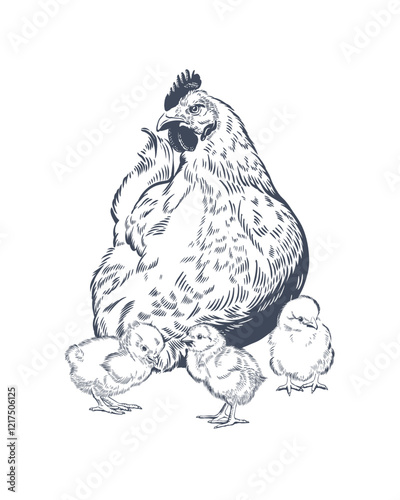Hand drawn mother hen with baby chicks, vector illustration in sketch style


