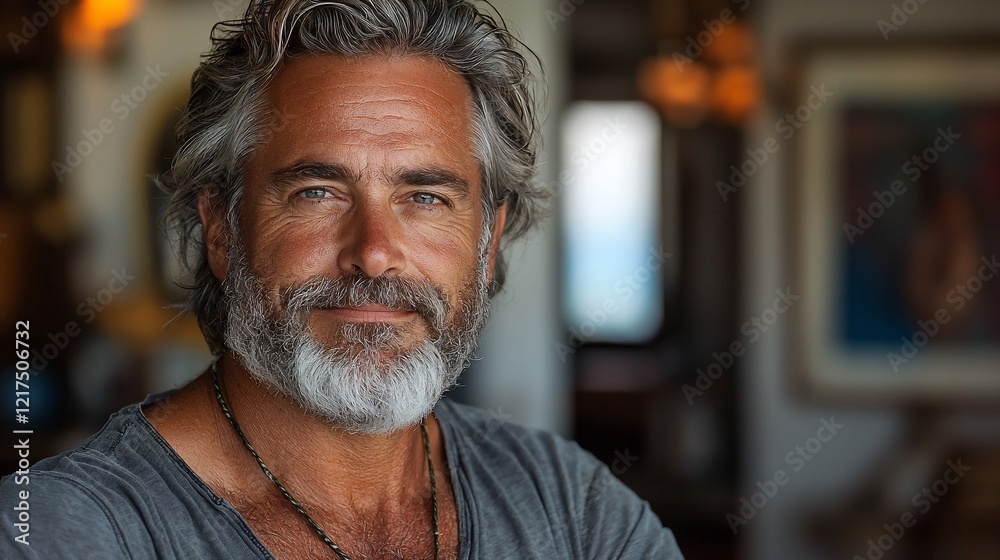 Portrait of a handsome mature man with gray hair and beard, smiling gently. Portrait of a handsome mature man with gray hair and beard, smiling gently.