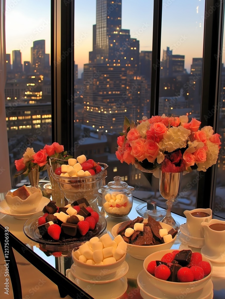Fototapeta premium Cityscape Indulgence: A decadent spread of chocolate fondue, strawberries, marshmallows, and cakes is set against the backdrop of a stunning cityscape at twilight.