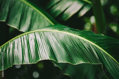 Close-up of a vibrant green banana leaf with parallel veins and water droplets, creating a beautiful natural pattern in a tropical rainforest setting photo