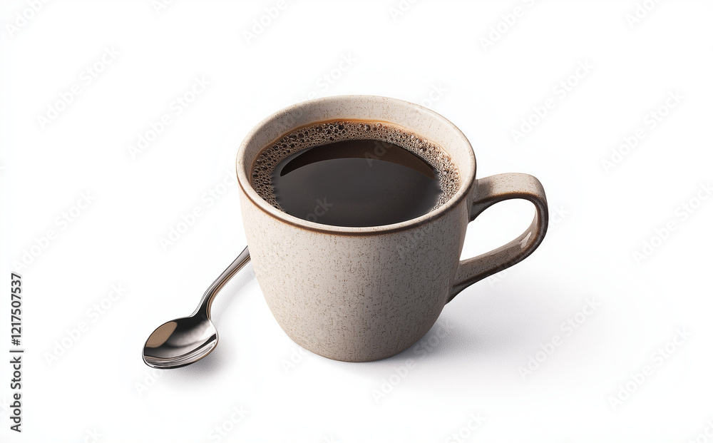 cup of black coffee with spoon, isolated on white background, evokes sense of warmth and comfort. Perfect for coffee lovers and enthusiasts cup of black coffee with spoon, isolated on white background, evokes sense of warmth and comfort. Perfect for coffee lovers and enthusiasts