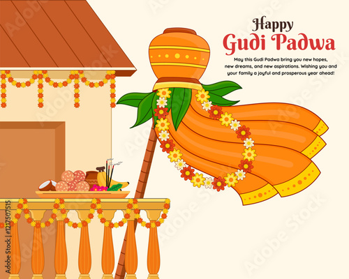 decorative gudi padwa with kalash and flowers toran in house's balcony celebrating in maharashtra of india