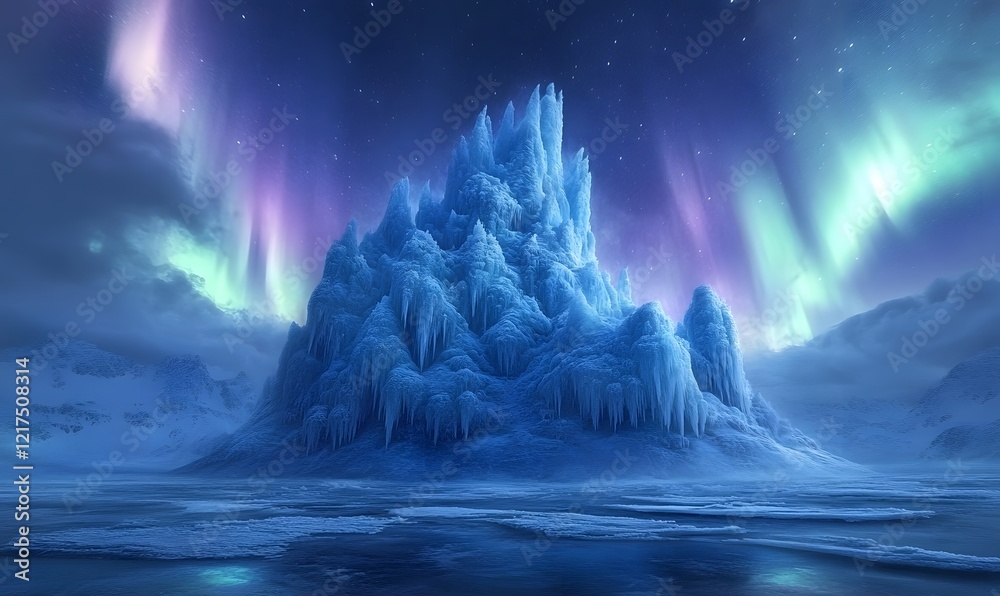 Naklejka premium Majestic Frozen Mountain Under Aurora Borealis in a Winter Wonderland Scene