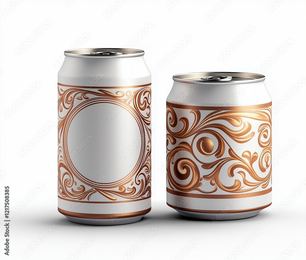 white blank can of beer with decorative swirls in copper color, showcasing both front and side views. design is elegant and modern, perfect for branding white blank can of beer with decorative swirls in copper color, showcasing both front and side views. design is elegant and modern, perfect for branding