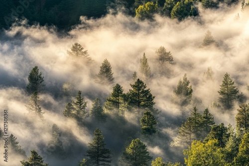 Fog lingers around the base of jagged cliffs, hiding their true height. Generative AI photo