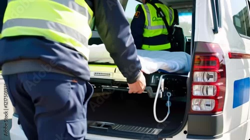 Paramedic wearing high visibility jacket pulls a stretcher with clean white sheet from the trunk of an ambulance, preparing for patient transport