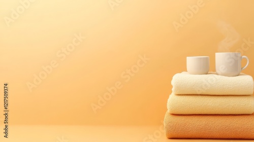 Fresh start, coffee cup and soft towels on a table cozy morning ritual invigorating