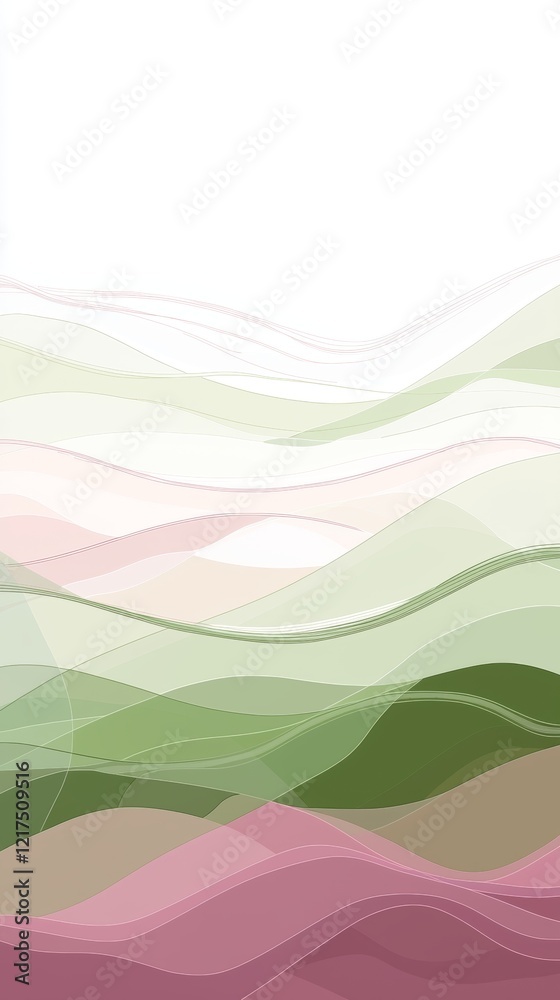 Fototapeta premium Green and pink overlapping wavy lines create an abstract landscape effect, forming a visually appealing design with a sense of depth and movement