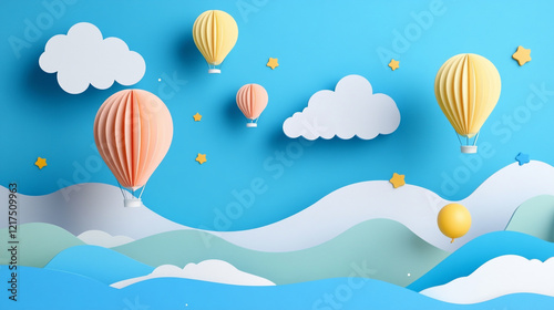 Whimsical Summer Skies - Colorful Hot Air Balloons, Kites, Colorful Hot Air Balloons Floating Above Fluffy Clouds Blue 