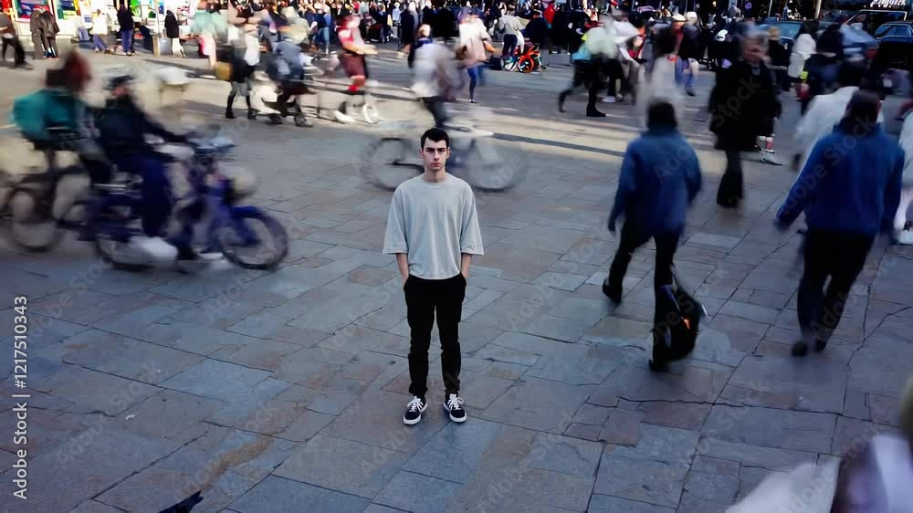 young man stands motionless in a busy public square as a blurred crowd rushes past, symbolizing isolation, self-reflection, and the contrast between stillness and urban chaos young man stands motionless in a busy public square as a blurred crowd rushes past, symbolizing isolation, self-reflection, and the contrast between stillness and urban chaos