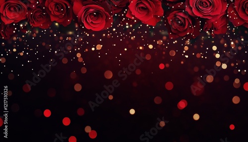 Red Roses with Gold Glitter on Dark Background Romantic Floral Design