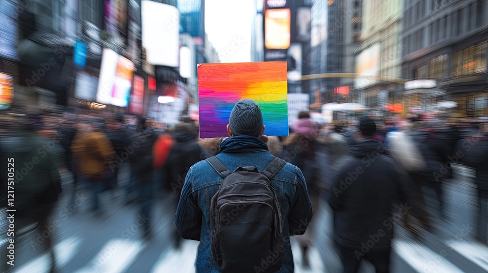 A man proudly holds a colorful protest sign advocating change, standing amid a moving crowd of protesters on a city street with blurred urban scenery. A man proudly holds a colorful protest sign advocating change, standing amid a moving crowd of protesters on a city street with blurred urban scenery.