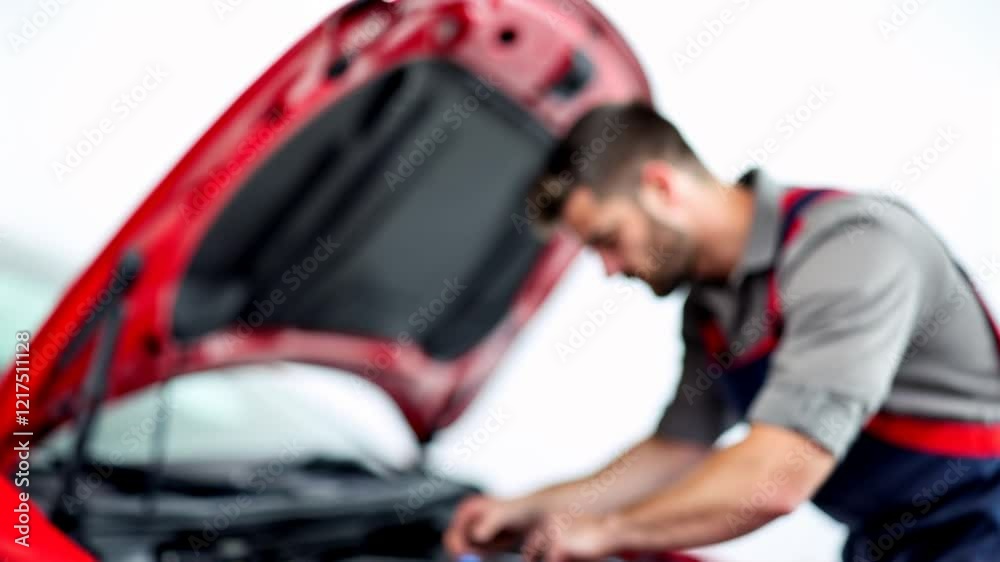 A mechanic man replacing a car battery with the hood open A mechanic man replacing a car battery with the hood open
