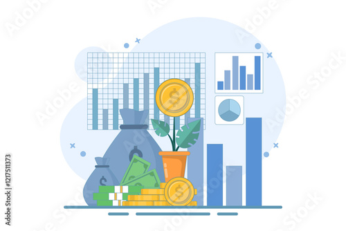 Concept Earn money to get rich, increase income and profit, investment profit growth, financial advisor or wealth management. watering money tree with big arrow. flat vector illustration.