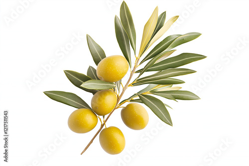 Olive branch with green olives and leaves isolated on white background, showcasing natural beauty and freshness of olives. Perfect for culinary or botanical themes photo