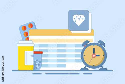 Medication calendar concept with daily pill reminder, organized healthcare routine, medical schedule planning, health tracking, prescription management, and medication-based alerts. Flat illustration.