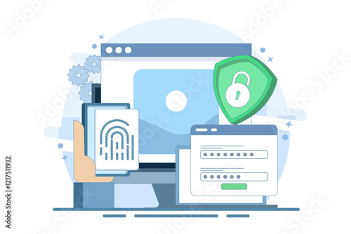 Flat general data security concept, personal information protection, database access control, cyber privacy, synchronized gadgets, cross-platform device regulation. Flat vector illustration.