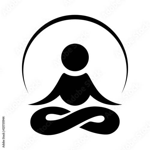 Meditation icon in flat style. Yogi with an arc of energy or aura symbol in black. Meditating sign. Related to healthy living, yoga, meditation, relaxation Vector illustration for graphic design, web,