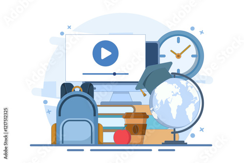 Online education concept, Laptop with world map, graduation cap and books, Internet education, online training and courses. Computer presentation, university. Distance education e-learning university.