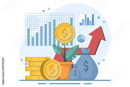 Concept Earn money to get rich, increase income and profit, investment profit growth, financial advisor or wealth management. watering money tree with big arrow. flat vector illustration.
