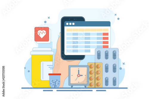 Medication calendar concept with daily pill reminder, organized healthcare routine, medical schedule planning, health tracking, prescription management, and medication-based alerts. Flat illustration.