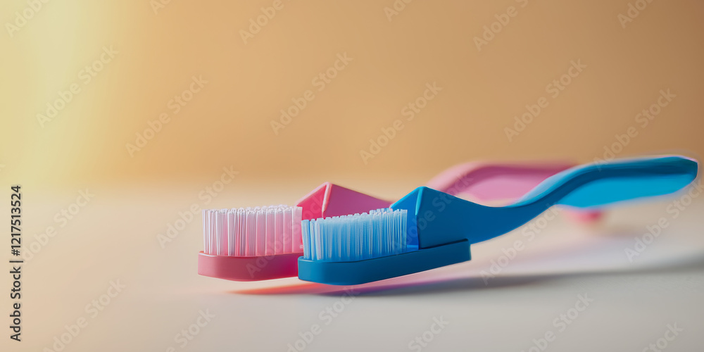 Two toothbrushes, one pink and one blue, are sitting on a purple surface. The pink toothbrush is on the left and the blue one is on the right Two toothbrushes, one pink and one blue, are sitting on a purple surface. The pink toothbrush is on the left and the blue one is on the right