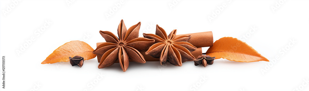 Star anise, cinnamon, and cloves arranged beautifully on white background, showcasing their unique shapes and colors. This composition highlights aromatic spices, perfect for culinary use Star anise, cinnamon, and cloves arranged beautifully on white background, showcasing their unique shapes and colors. This composition highlights aromatic spices, perfect for culinary use