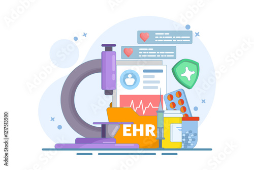 EHR - Electronic Medical Record or Concept of patient health information stored electronically. Digital medical record with diagnostic history files. Database technology. Flat vector illustration.
