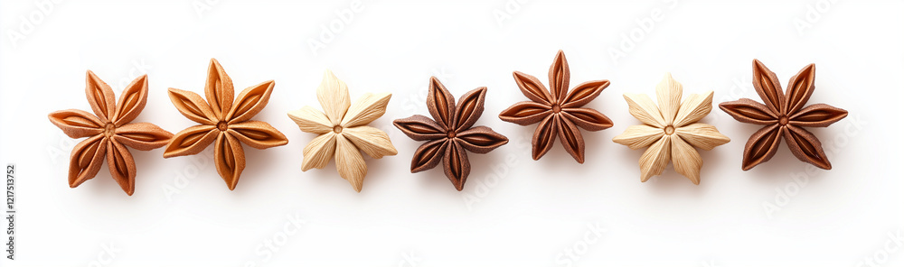 Star anise in various shades arranged in row on white background, showcasing its unique star shape and texture. This aromatic spice adds flavor and beauty to culinary creations Star anise in various shades arranged in row on white background, showcasing its unique star shape and texture. This aromatic spice adds flavor and beauty to culinary creations