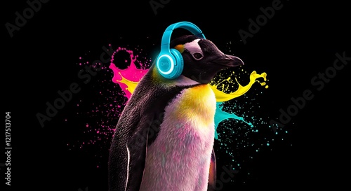 Groovy Penguin: Vibrant Paint Splash and Headphones photo