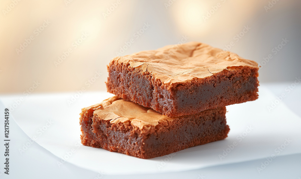 Delicious brownies stacked on white napkin, showcasing rich, fudgy texture and golden brown top. Perfect for dessert lovers Delicious brownies stacked on white napkin, showcasing rich, fudgy texture and golden brown top. Perfect for dessert lovers