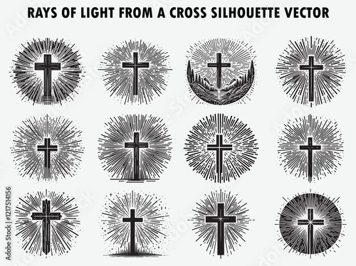 Elegant Cross with Rays of Light Silhouette Vector - Ideal for Religious and Faith-Based Projects
