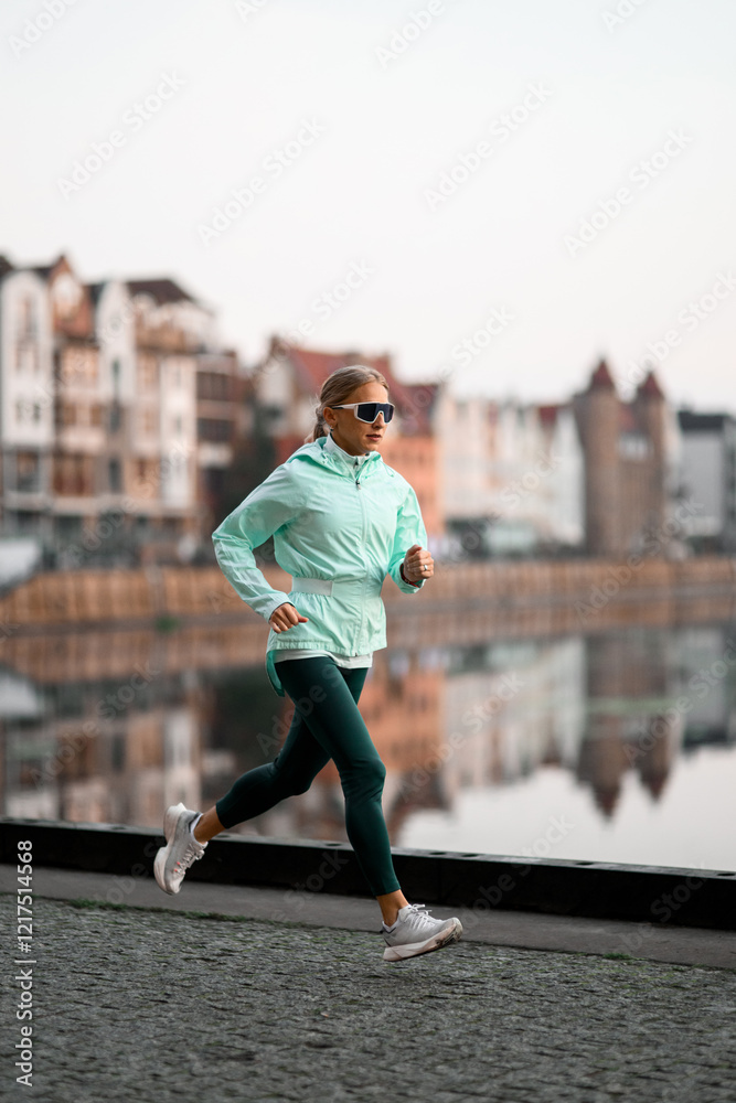 Fototapeta premium Motion photo of a young pretty woman in a mint jacket jogging along the embankment in the city