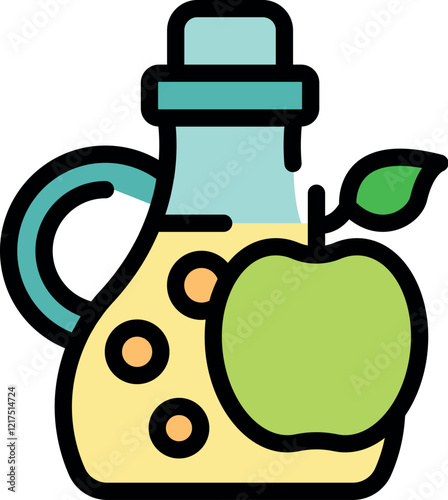 Apple cider vinegar in glass jug with green apple and leaf, healthy organic product, natural food for diet