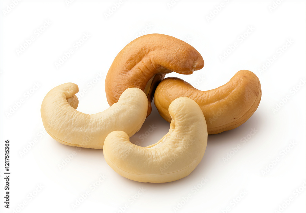 Fototapeta premium Cashew nuts isolated on white background, showcasing their unique shapes and colors. These nutritious nuts are perfect for snacking or adding to various dishes