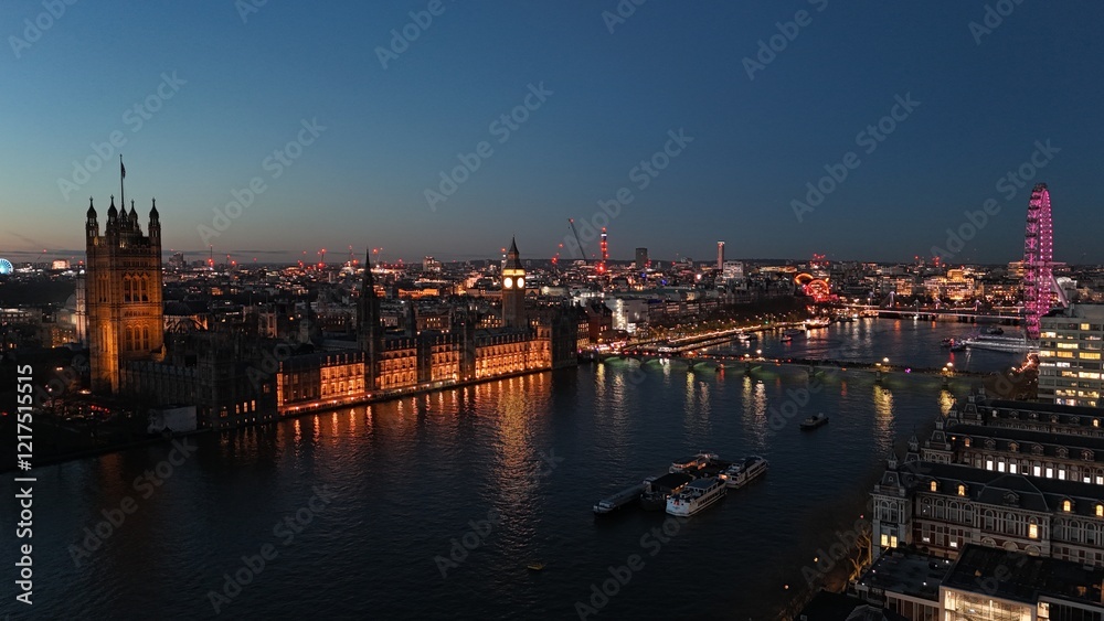 Obraz premium London UK Houses of parliament at dusk drone,aerial .