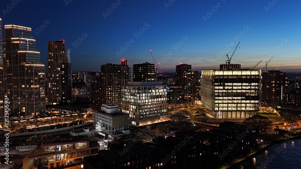 Lights of London US Embassy at dusk , sunset drone,aerial. Lights of London US Embassy at dusk , sunset drone,aerial.