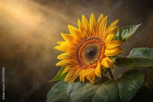 A single sunflower illuminated by a soft, golden light, its vibrant petals and dark center stand out against a muted background.